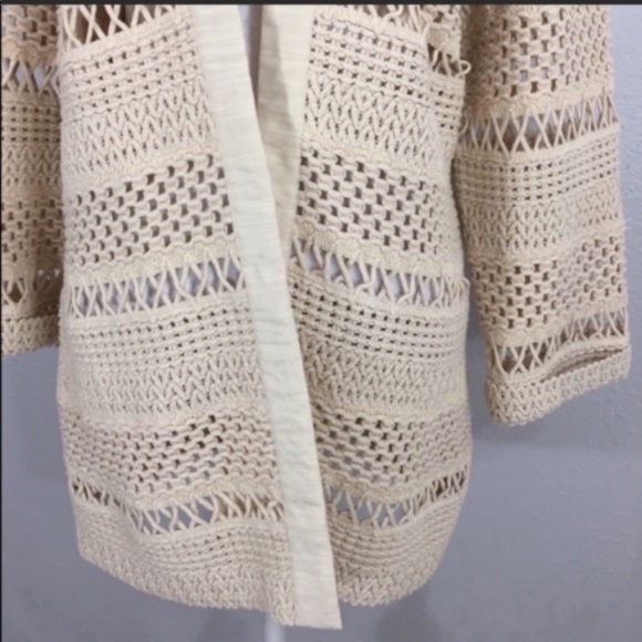 Chico’s Wheat & Cream Macrame Crochet Open Front Soft Spring Cardigan Size Large - Picture 4 of 7